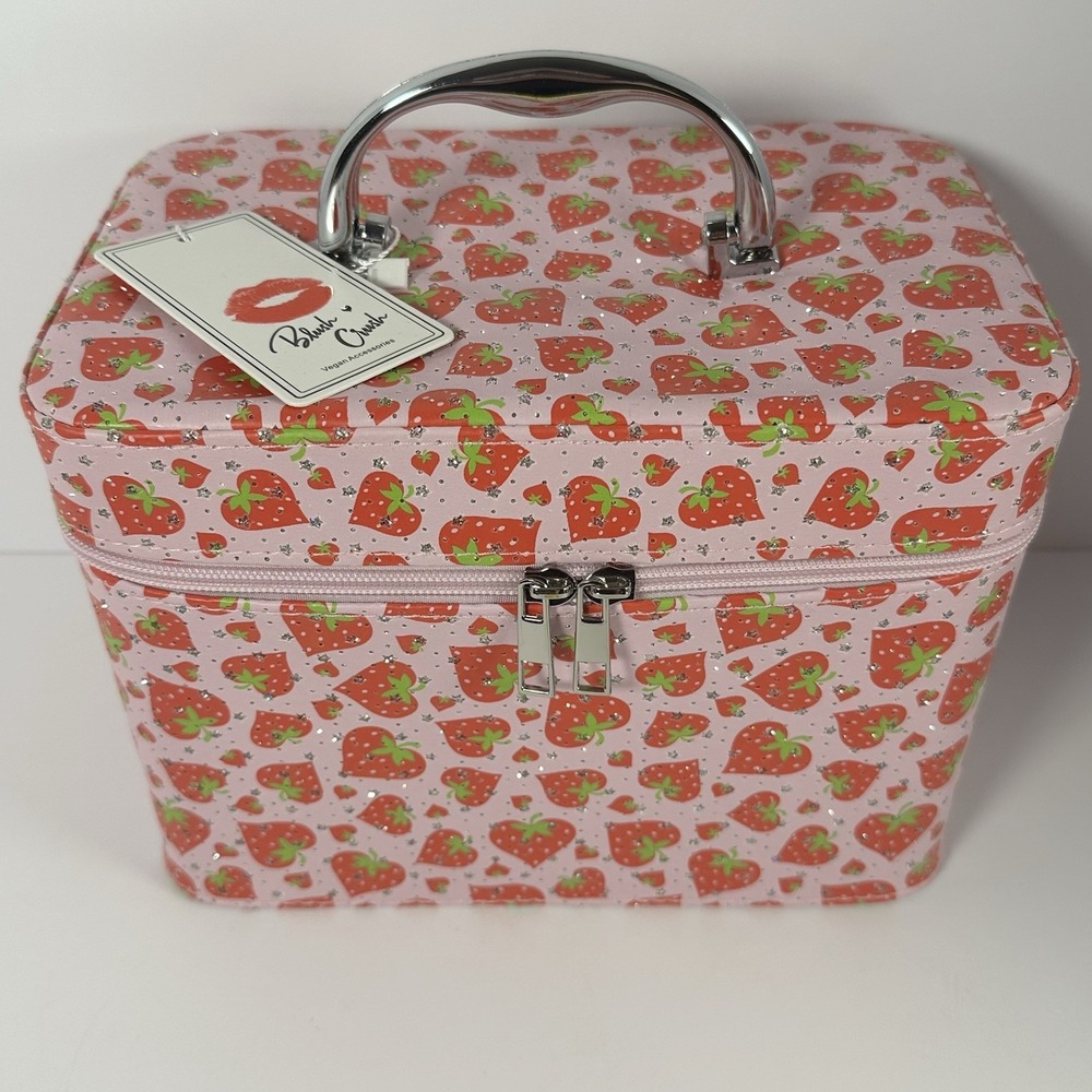 Pink Strawberry Makeup Train Case Cosmetic Bag Glitter Vanity Storage Case Y2K - Picture 2 of 11